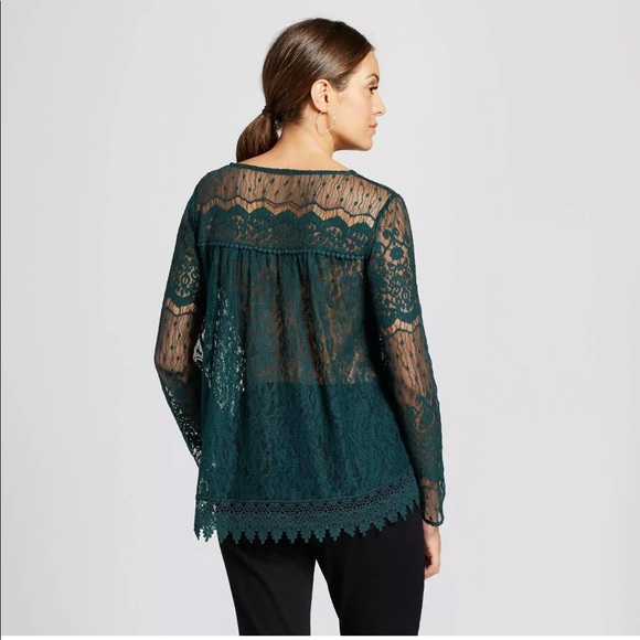 Knox Rose Dark Hunter Green lace long sleeve top - Picture 2 of 6